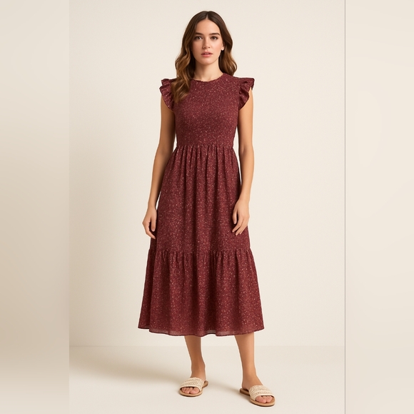 Zunie Dresses & Skirts - Zunie Smocked Floral Midi Dress | Juniors 14 - Fits Women’s XS–S | Wine Berry